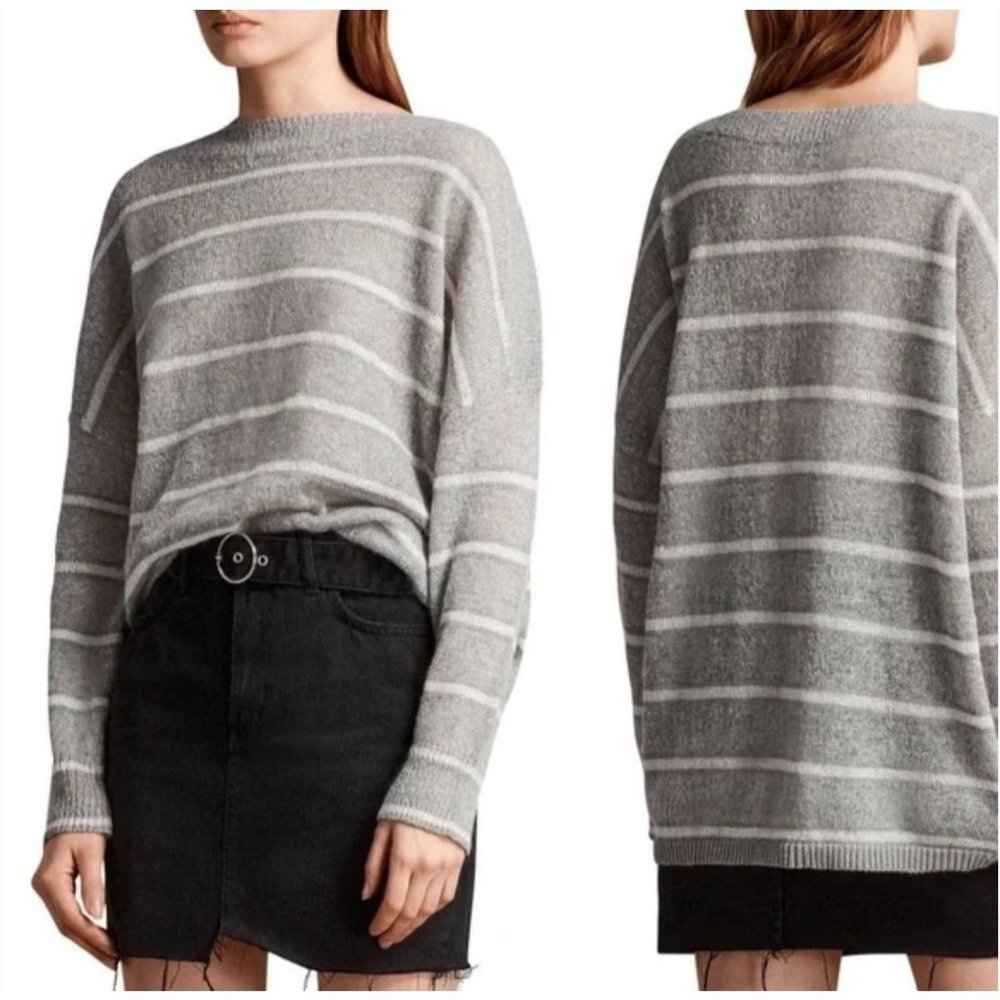 ALLSAINTS Mist Crew Gray Stripe Mohair Blend Boatneck Sweater Size Medium